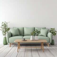 Light & airy living room with sage green couch and wooden accents