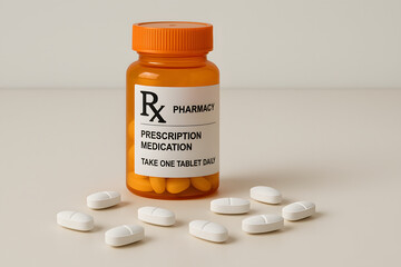 Prescription medication: A clear image of a prescription bottle with white pills, symbolizing health, medication and treatment.