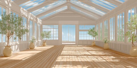 White conservatory with sunlit wooden floor