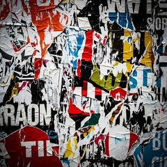 Collage of torn posters on a wall.