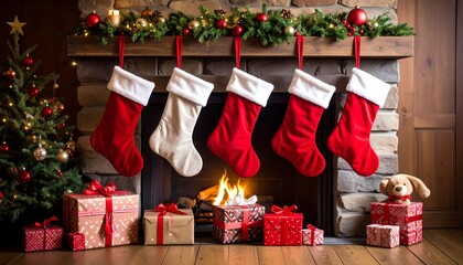 Christmas stockings hung above a fireplace, decorated with gifts and a small Christmas tree