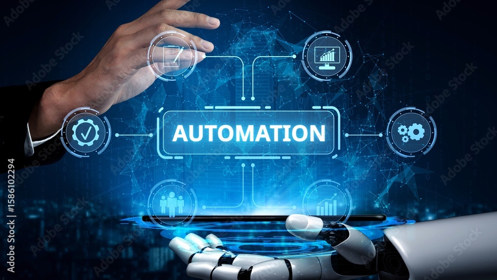Poster modern automation drives workflow efficiency by connecting systems, people, and data. with intellige