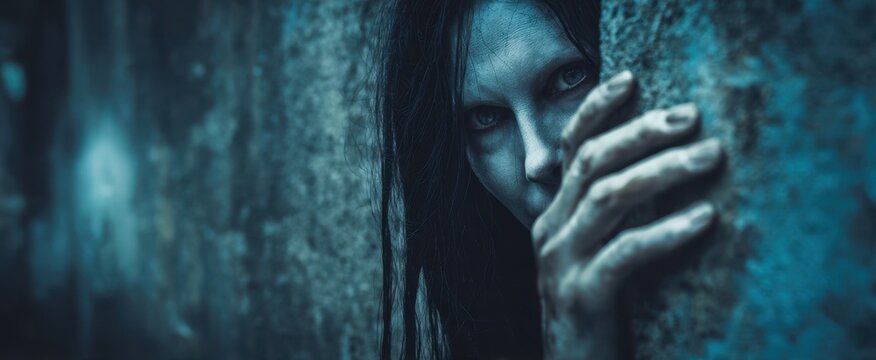 The haunting presence of a mysterious woman in a dark environment.