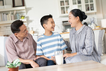 Happy Asian grandson and grandparents relax sitting on couch in the living room talking, smiling and laughing together. Family generation love bonding