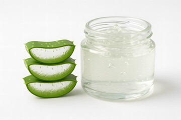 Aloe Vera Gel and Leaves: Refreshing aloe vera gel in a jar, complemented by slices of fresh aloe vera leaves. This photo depicts the natural essence of a popular skincare ingredient.
