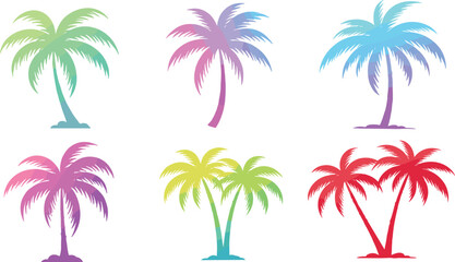 Colorful palm tree silhouettes, tropical summer design, gradient palm clipart, beach theme vector, rainbow palm art, exotic island illustration