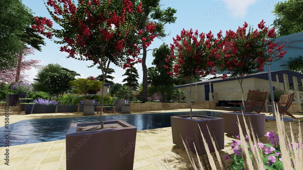 Aufkleber 3d image of the landscape design of the home territory. landscaping of the territory. computer visua