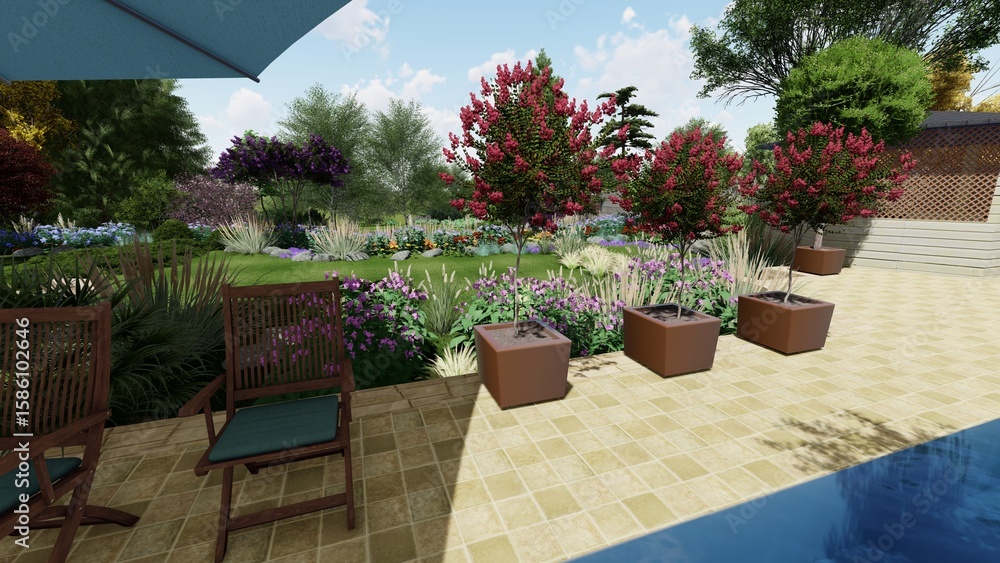 Aufkleber 3d image of the landscape design of the home territory. landscaping of the territory. computer visua