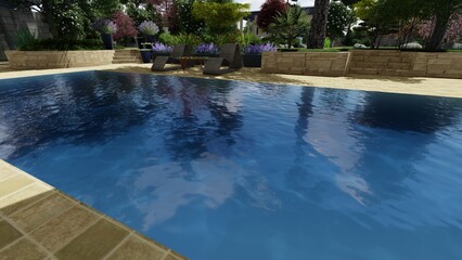 3d image of the landscape design of the home territory. Landscaping of the territory. Computer visualization of composite landscaping and landscaping solutions.