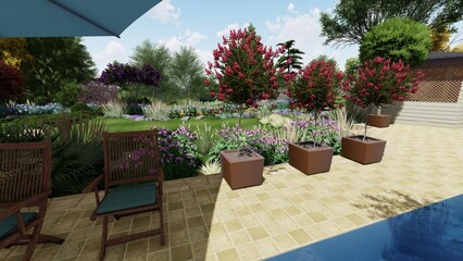 3d image of the landscape design of the home territory. Landscaping of the territory. Computer visualization of composite landscaping and landscaping solutions.
