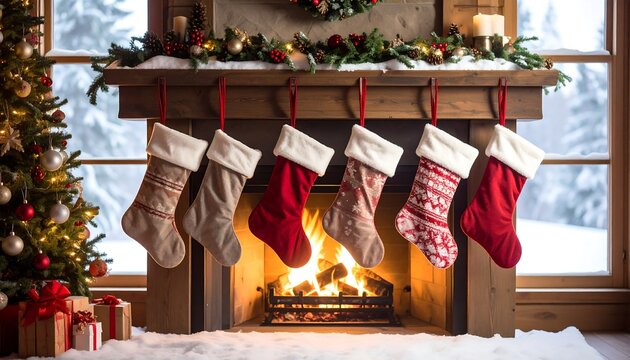Christmas stockings hung by a fireplace with snow-covered window view