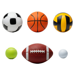 Collection of various sport balls for athletic games and competitions isolated on transparent background