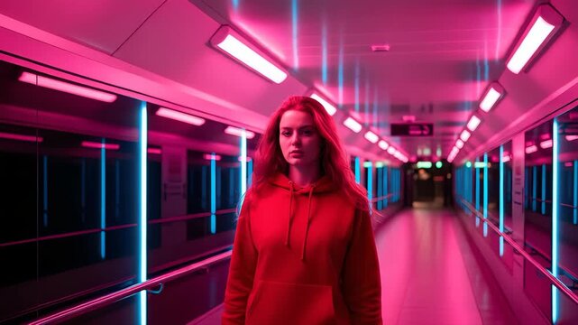 Young Woman in Red Hoodie Walking Through Pink And Blue Neon Lit Tunnel