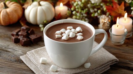 Warm hot chocolate topped with marshmallows sits next to pumpkins and candles, creating a cozy autumn atmosphere on a wooden table