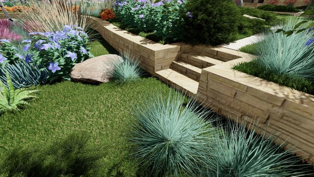 3d image of the landscape design of the home territory. Landscaping of the territory. Computer visualization of composite landscaping and landscaping solutions.