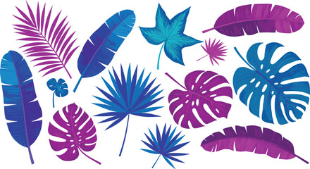 Tropical leaves, colorful botanical illustration, exotic palm foliage, banana leaves, monstera plant, jungle design, summer decoration, vibrant nature art