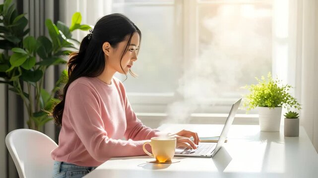 Young Woman Working on Laptop at Home Office