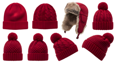 Red Winter Hats: Pom-Pom, Cable Knit, Trapper, Transparent Background