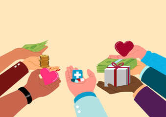 Diverse Hands Giving Donations. International Day of Charity, support, and kindness concept vector illustration.