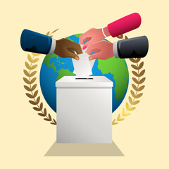 International Day Of Democracy. Vector illustration of diverse hands casting ballots into a box, set against a globe and laurel wreath symbolizing global democracy. 