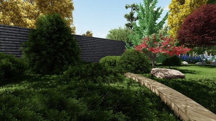 3d image of the landscape design of the home territory. Landscaping of the territory. Computer visualization of composite landscaping and landscaping solutions.