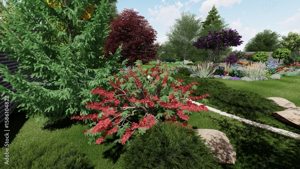 Poster 3d image of the landscape design of the home territory. landscaping of the territory. computer visua