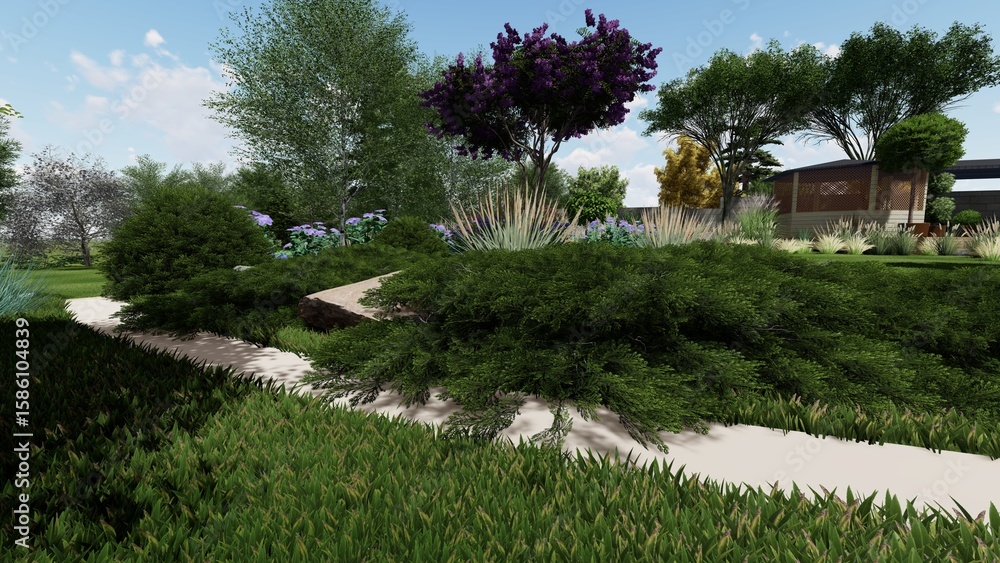 Poster 3d image of the landscape design of the home territory. landscaping of the territory. computer visua