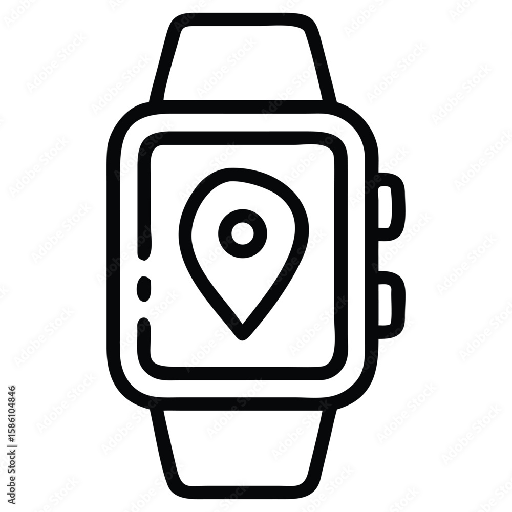 Poster smartwatch with location pin icon in doodle style for navigation app