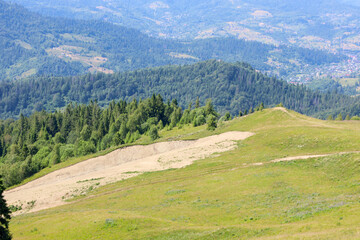 A mountain slope with a wide patch of sand and green meadows stretching towards a line of dense...