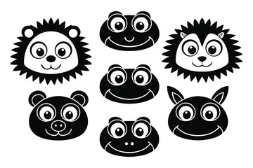 Collection of cute cartoon animal faces in black and white