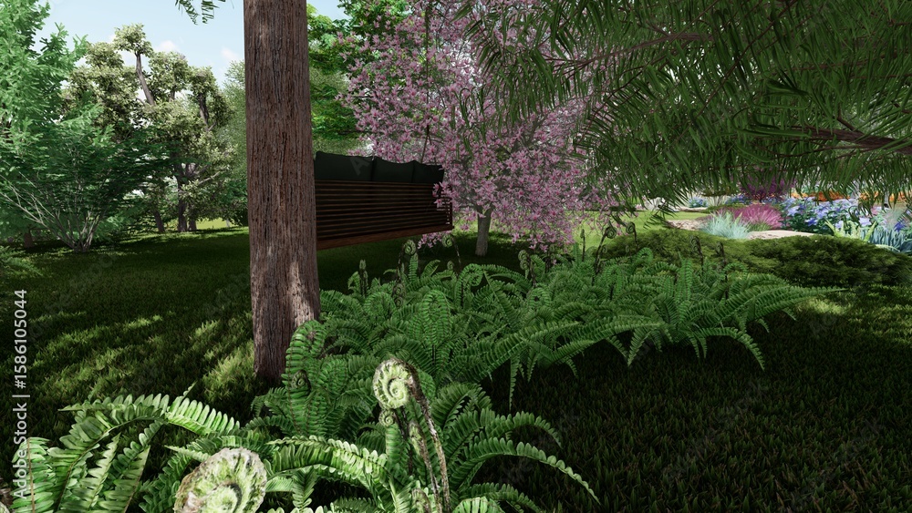 Poster 3d image of the landscape design of the home territory. landscaping of the territory. computer visua