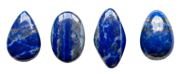 Four stunning lapis lazuli gemstone cabochons oval teardrop and marquise shapes png isolated on transparent background