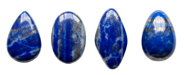 Four stunning lapis lazuli gemstone cabochons oval teardrop and marquise shapes png isolated on transparent background