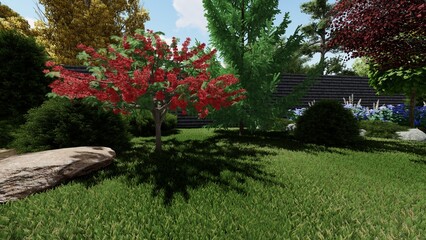 3d image of the landscape design of the home territory. Landscaping of the territory. Computer visualization of composite landscaping and landscaping solutions.