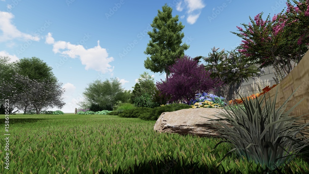 Poster 3d image of the landscape design of the home territory. landscaping of the territory. computer visua