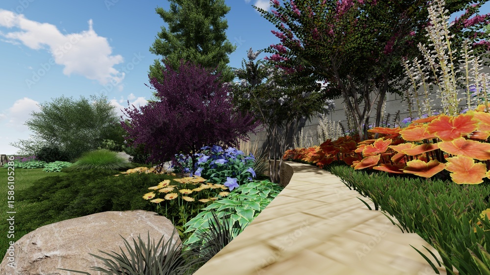 Poster 3d image of the landscape design of the home territory. landscaping of the territory. computer visua