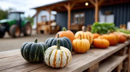 Piles of uniquely shaped pumpkins with green and brown spots rest on a wooden table, showcasing autumn's vibrant colors in nature