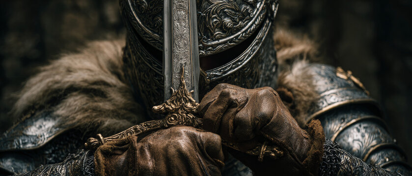 Medieval Knight in Armor Standing in Battle Pose