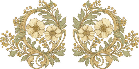 Vintage floral embroidery, ornate flower border, stitched botanical design, decorative embroidered motif, yellow flower illustration, antique floral embellishment