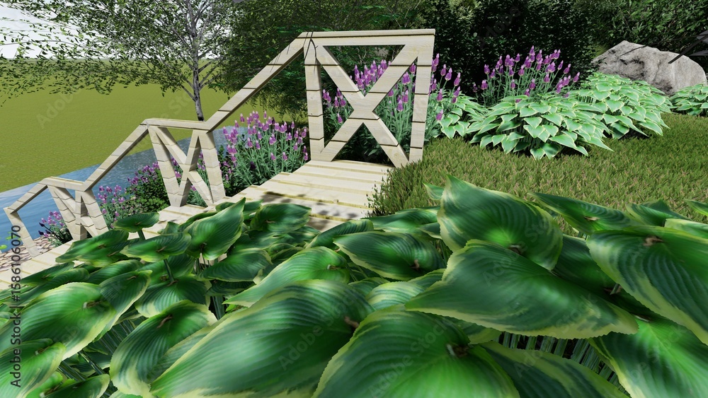 Poster 3d image of the landscape design of the home territory. landscaping of the territory. computer visua