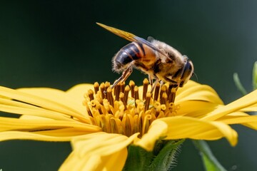 Hoverfly gathering pollen on bright yellow flower