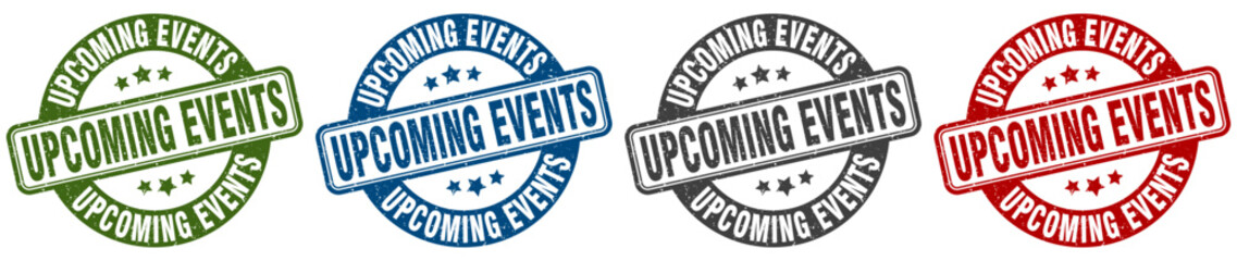 upcoming events stamp. upcoming events round stamp set isolated on white background