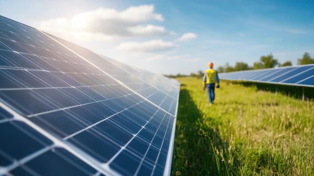 Solar technician inspects solar panels in field on sunny day