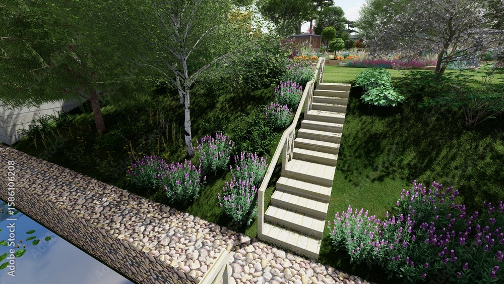 Poster 3d image of the landscape design of the home territory. landscaping of the territory. computer visua