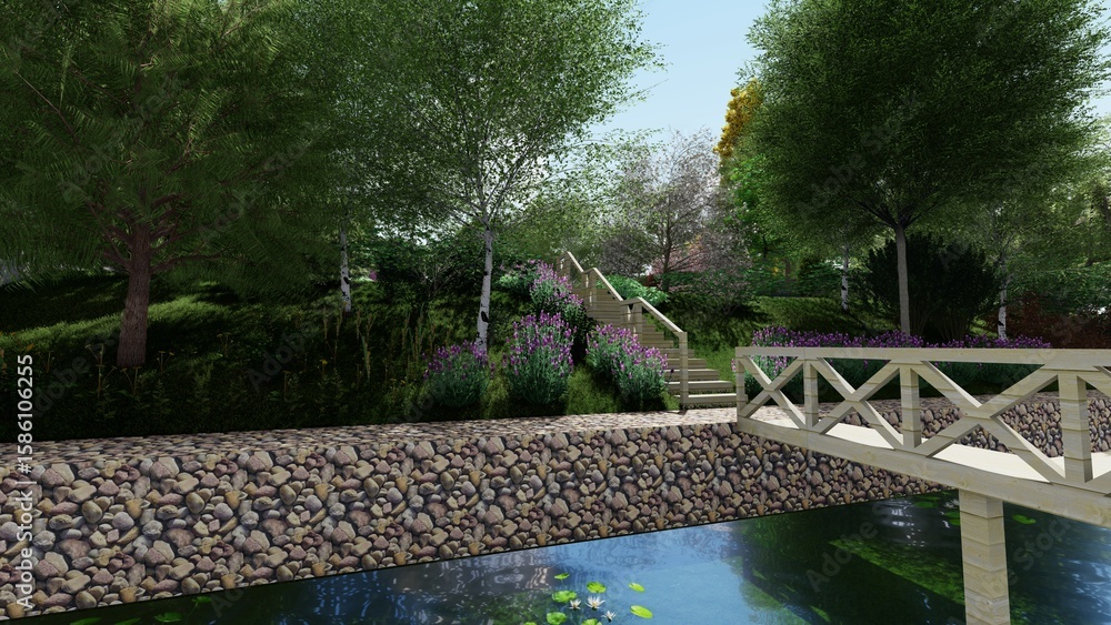 Poster 3d image of the landscape design of the home territory. landscaping of the territory. computer visua