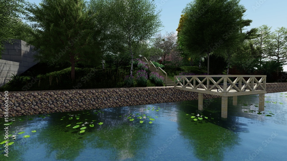 Poster 3d image of the landscape design of the home territory. landscaping of the territory. computer visua