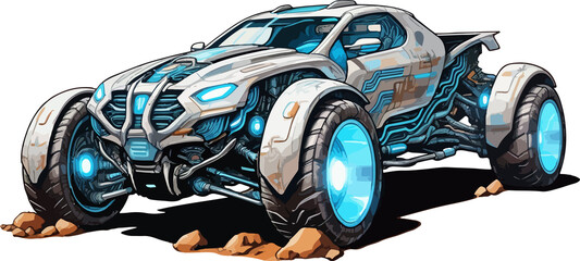 Automotive vehicle illustrations: fast motorbikes, race cars, and sports automobiles on a white background