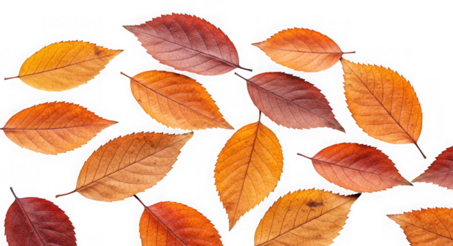 Collection of autumn leaves in various shades of red and yellow isolated on transparent background