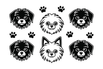 Collection of cute cartoon dog faces and paw prints in black and white