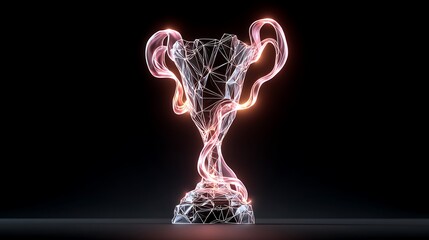 A neon wireframe trophy, glowing with light trails, set against a dark background, creating a futuristic, abstract feel.